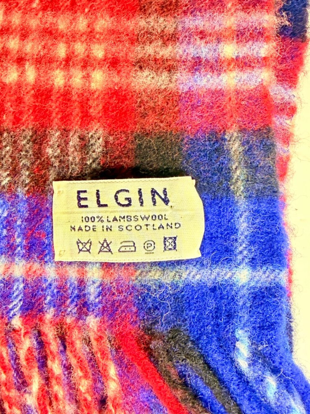 Vintage ELGIN 100% Lambswool Scarf Red Blue Plaid Fringe Made in Scotland 60"